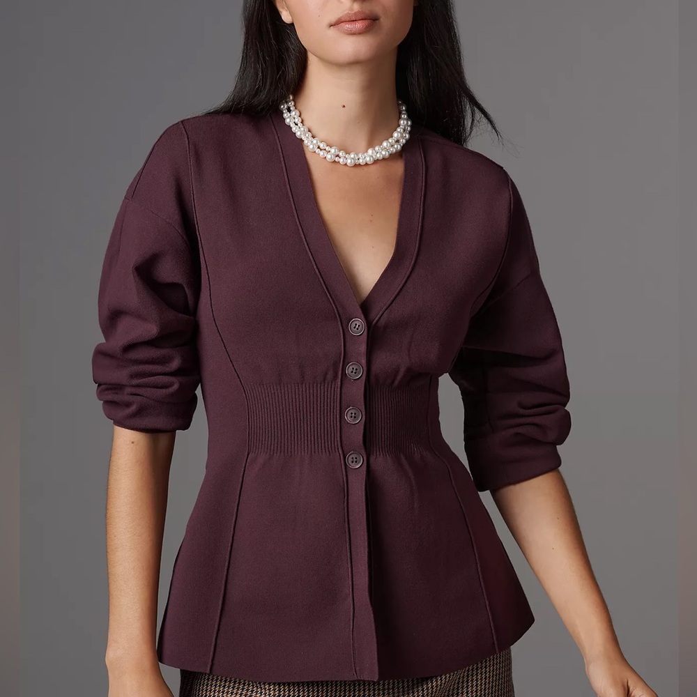 Anthropologie Maeve Puff-Sleeve Waisted Cardigan Small New Fig Button-Front
